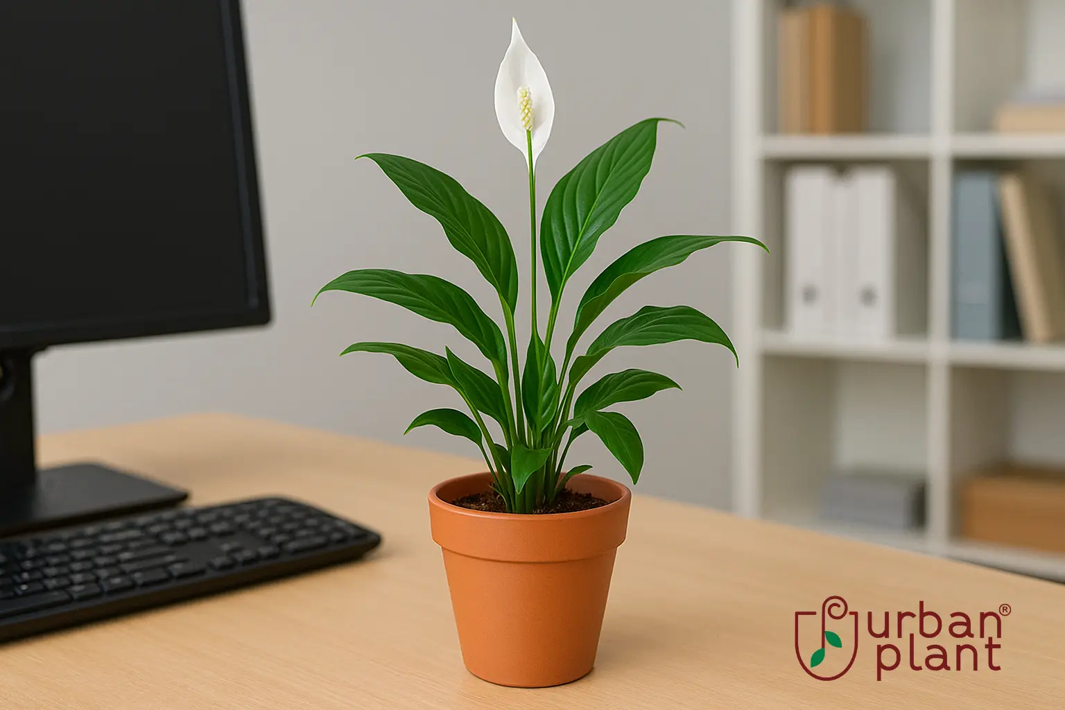 Peace Lily (Spathiphyllum) – elegant, air-cleaning office desk plant with white flowers in a  terracotta pot on a modern workspace desk – Urban Plant